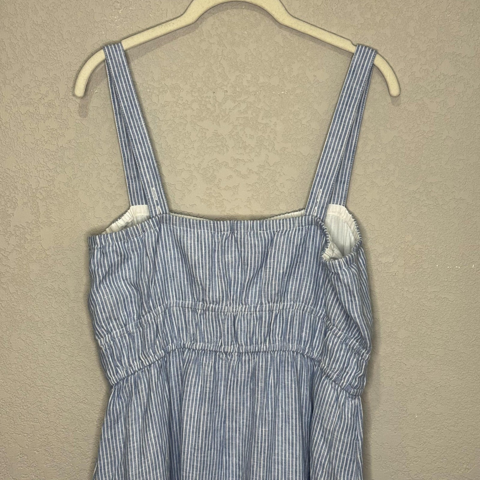 Amour Vert Dress Womens Medium Blue Stripe Elio Linen Tiered Midi Strappy Lined