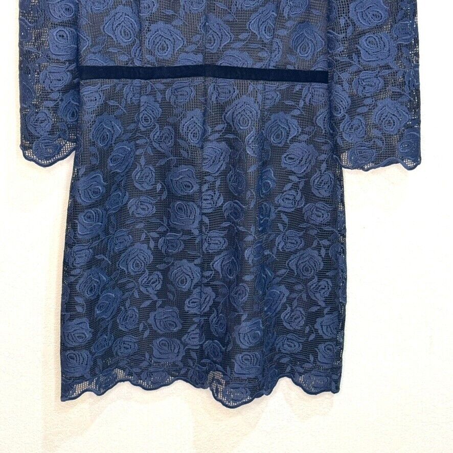 SANDRO Paris Dress Size 6 (2) Navy Blue Floral Lace Embroidered Puff Sleeve Mini