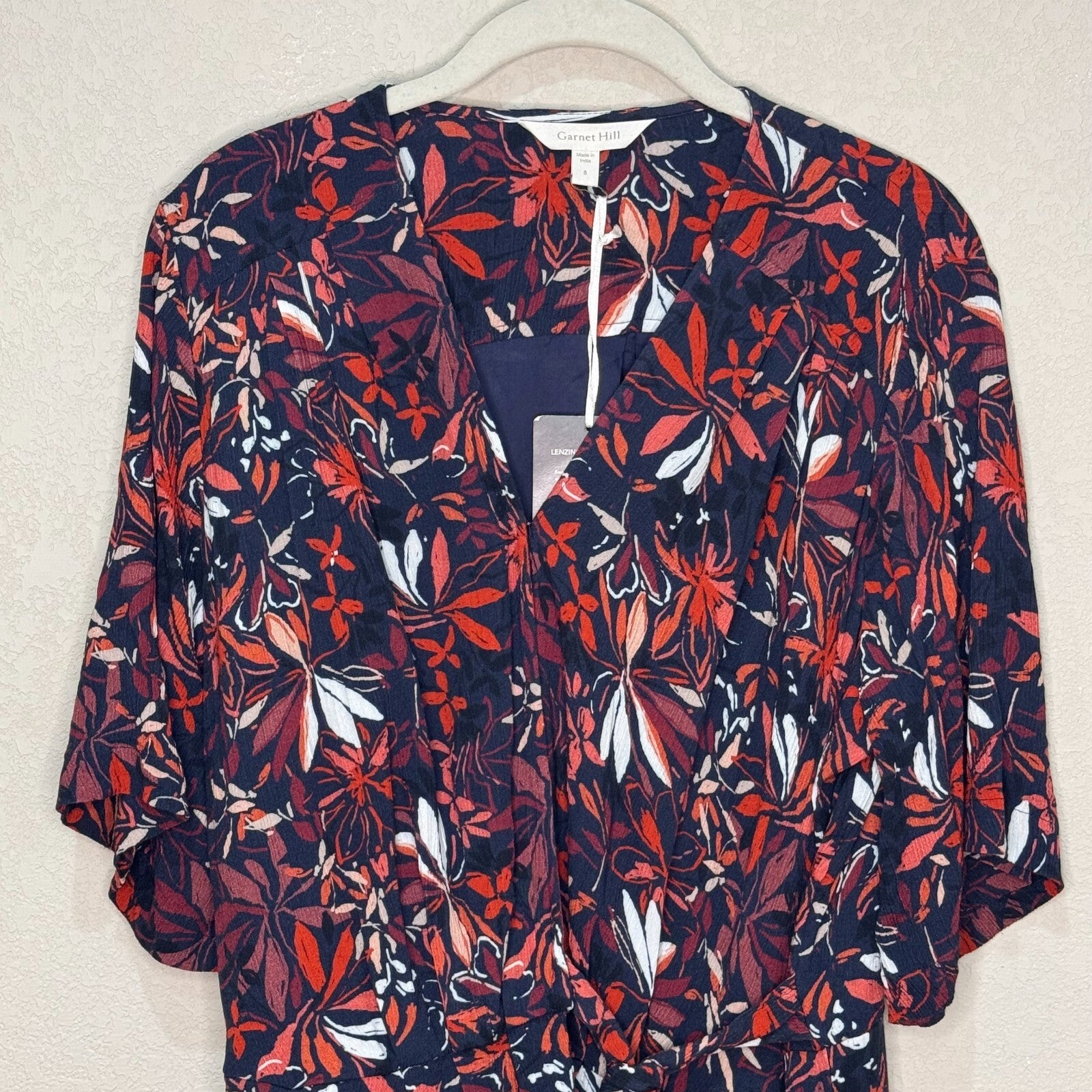 Garnet Hill Dress Size 8 Hazel Crêpe Navy Red Floral Short Sleeve Wrap