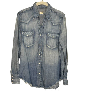 ABLE Denim Western Shirt Womens Size Small Denim Pearl Snap Fringe