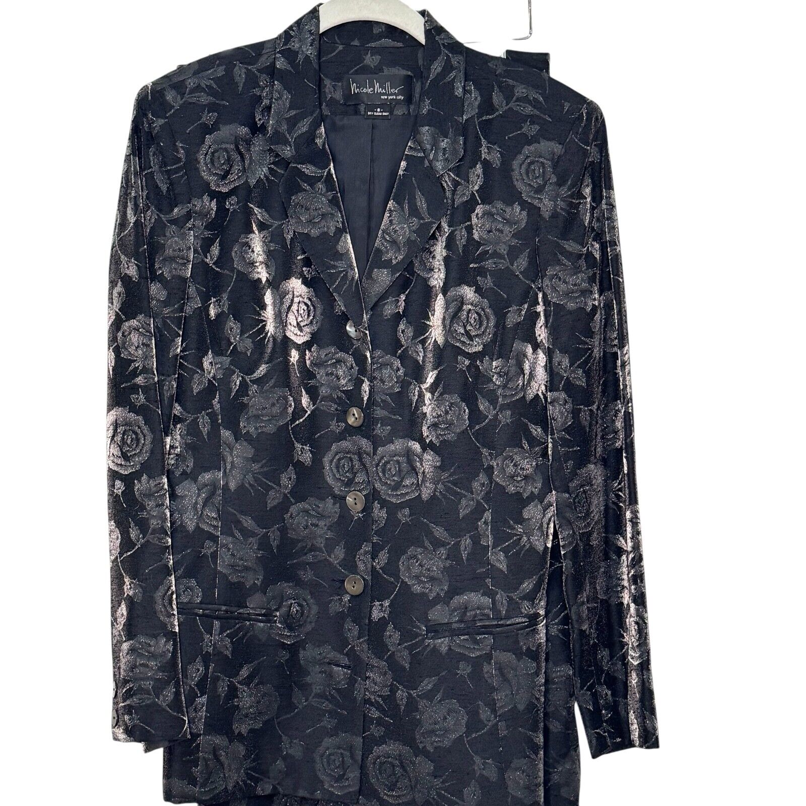 Nicole Miller Black Floral Brocade Jacket and Pant Set Size 8 Vintage Made in US