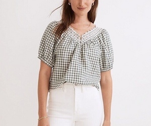 Madewell Embroidered Linen-Blend Swing Top in Gingham Check Size Medium