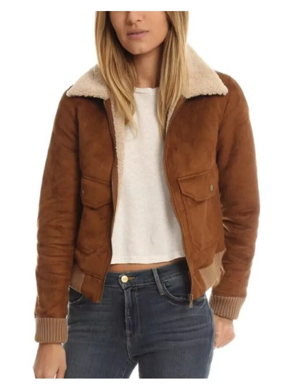 Mother The Patch Pocket Aviator Brown Faux Suede Bomber Jacket Size Small