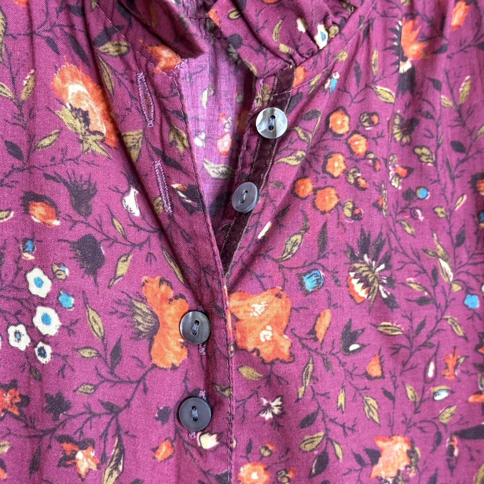 Sundance Blouse Womens Small Burgundy Floral Button Front Long Sleeve Top Cotton