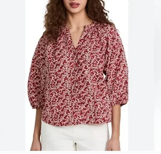 APIECE APART Blouse Top Size XS Burgundy White Mitte Floral Print Cotton Silk