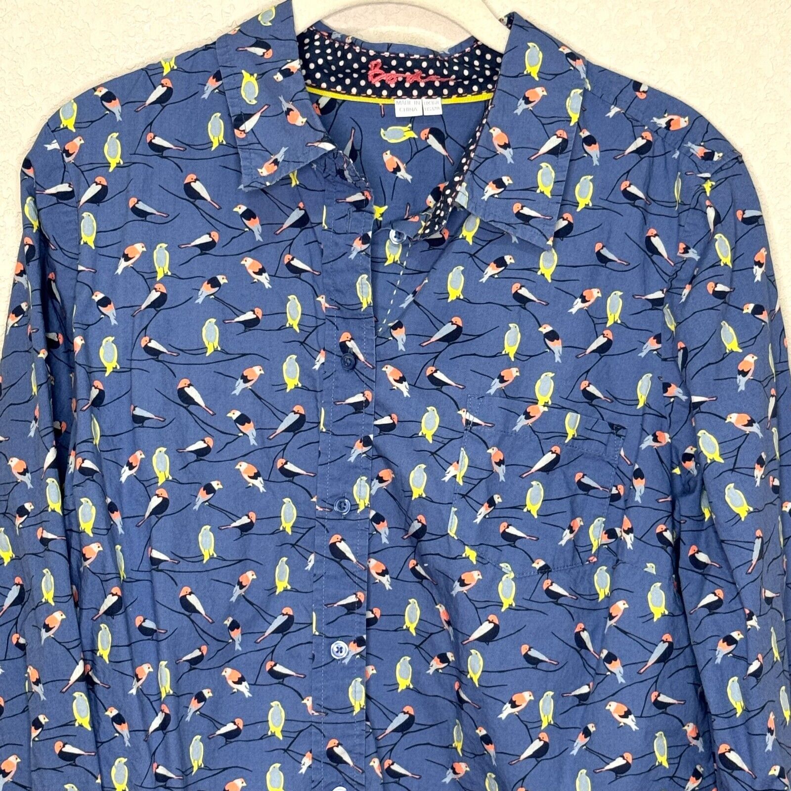 Boden Blue Jay Autumn Birds Shirt Size 12 Long Sleeve Blue Button Down