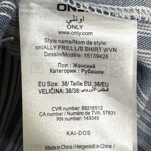 ONLY Shirt Womens Medium EU 38 Blue White Stripe Ally Frill Long Sleeve Ruffle