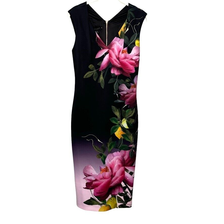 Ted Baker Olivia Sheath Dress Black Pink Citrus Bloom Floral Approx US Size XS