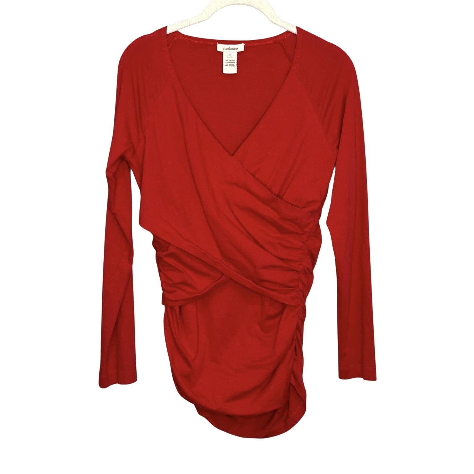 Sundance Dress Womens Small Red Long Sleeve Ruched Surplice Wrap Style Party