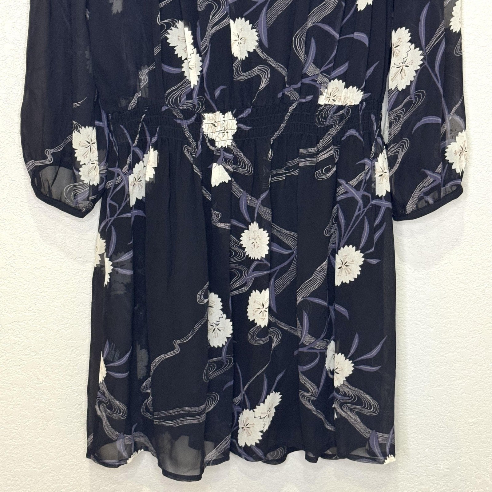 Club Monaco Roanna Dress Womens 4 Black Floral Silk Long Sleeve Mini Boho Chic