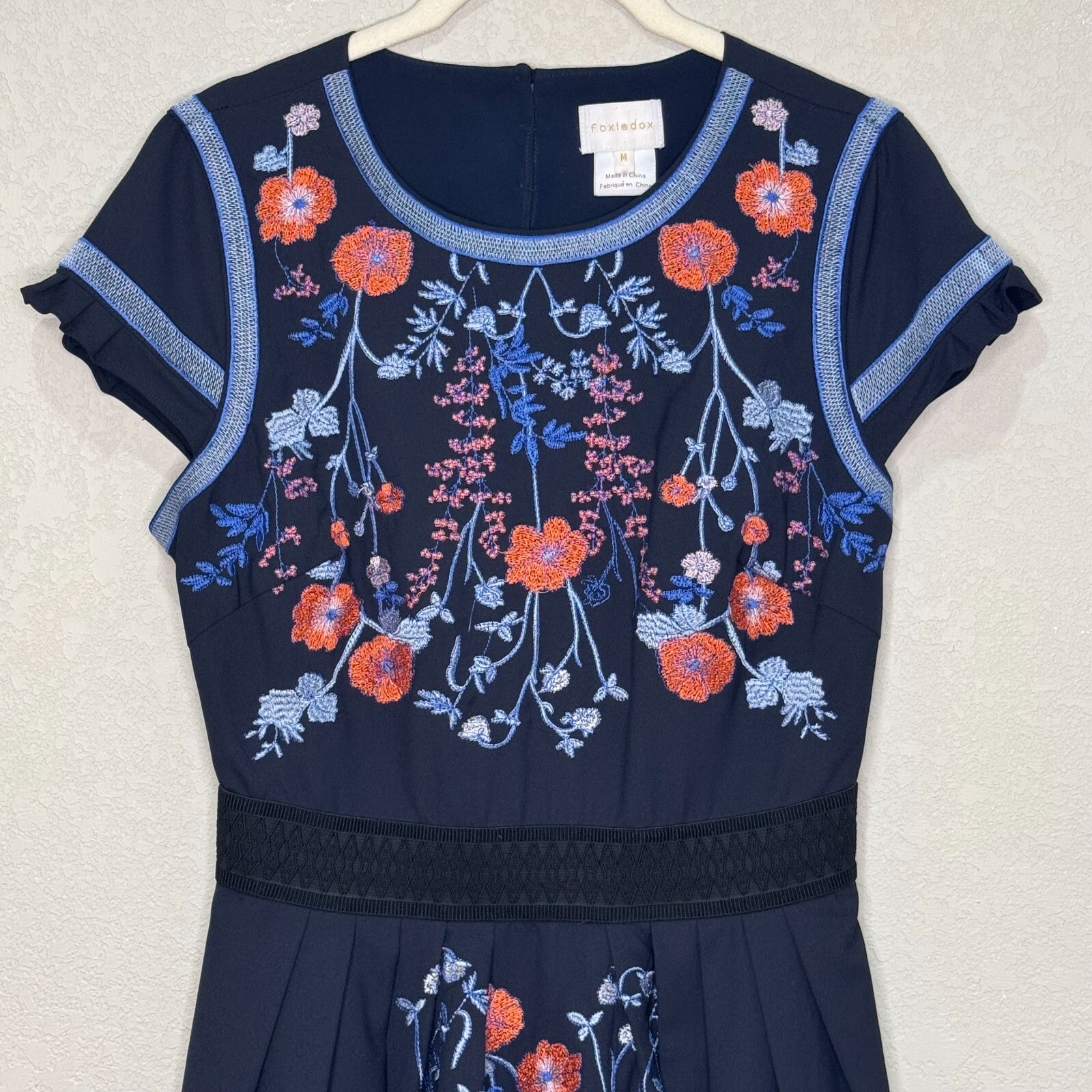 Foxidox Dress Size Medium Senna Embroidered Navy Blue Fit & Flare