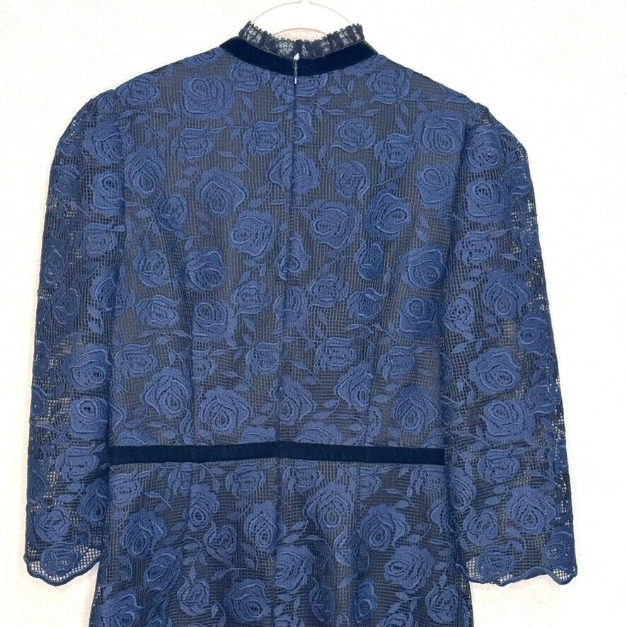 SANDRO Paris Dress Size 6 (2) Navy Blue Floral Lace Embroidered Puff Sleeve Mini