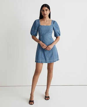 Madewell NEW Blue Square Neck Puff Sleeve Pockets Denim Maisie Mini Dress Size 6