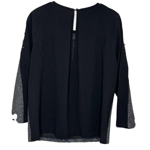 Teri Jon Textured Pullover Top Womens 6 Black Gray Studded Sleeve Dressy Blouse