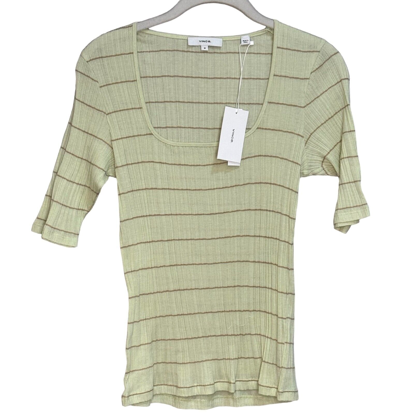 Vince Lightweight Green Striped Rib Square Neck Top Size Medium NEW $145