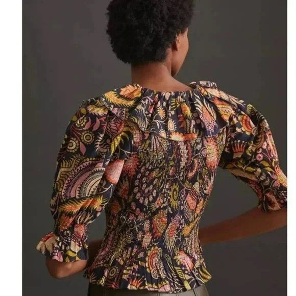 Love The Label Blouse Womens Small Black Multi Smocked Floral Boho Peasant Top