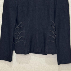 St John Collection Blazer Womens 4 Black Lace Ruffle Collar Corset Trim Made USA