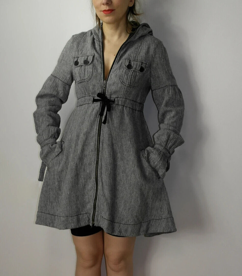 Free People Y2K Herringbone Jacket Coat Zip Up Tie Waist Linen Hooded Coat