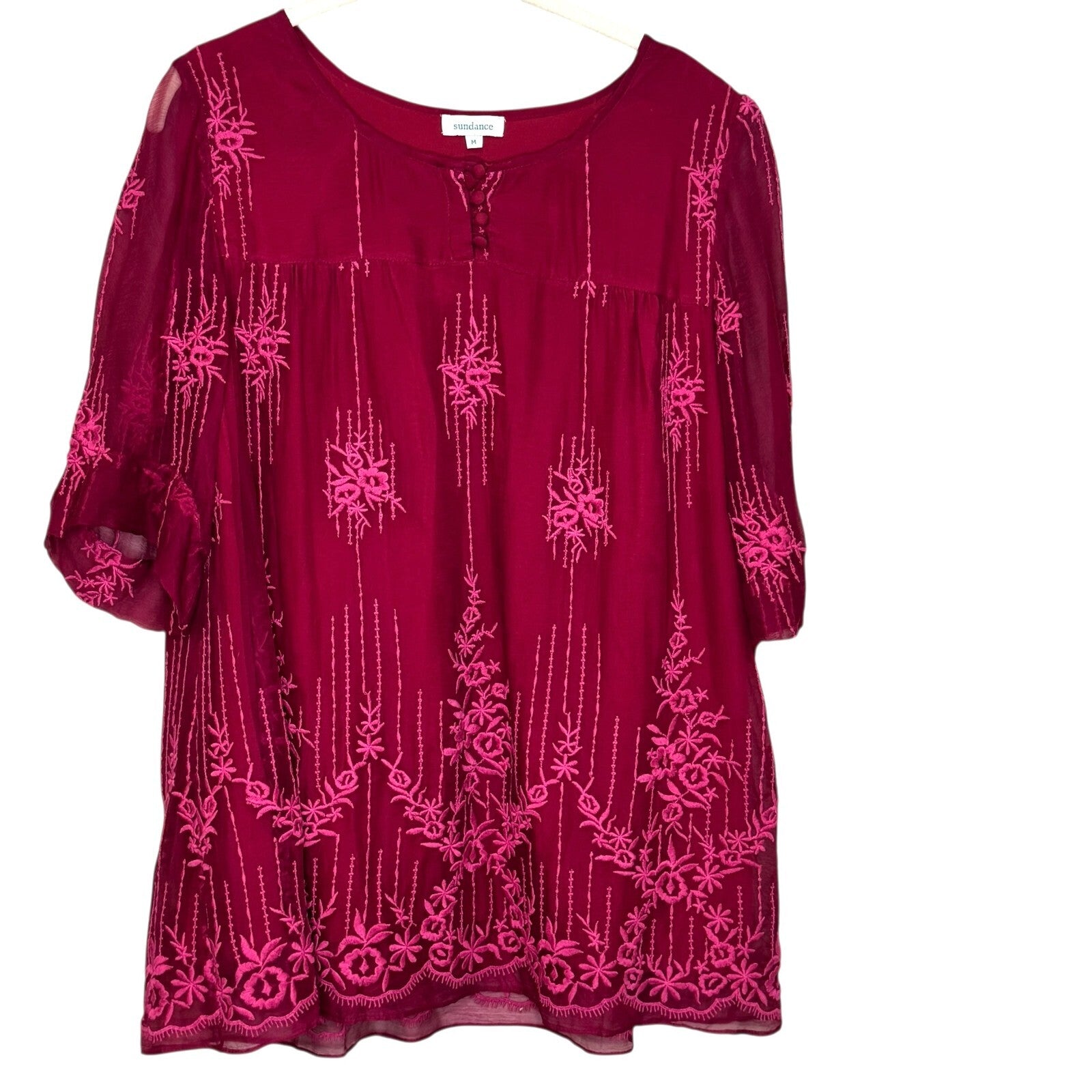 Sundance Cora Blouse Shirt Fuschia Pink Embroidered Size Medium