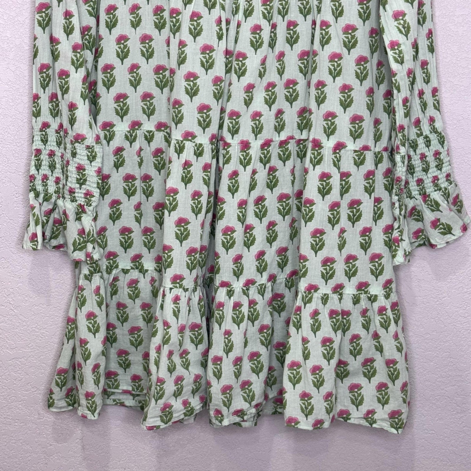 Tuckernuck Dress Womens XS Green Pink Floral Long Sleeve V Neck Tiered Boho