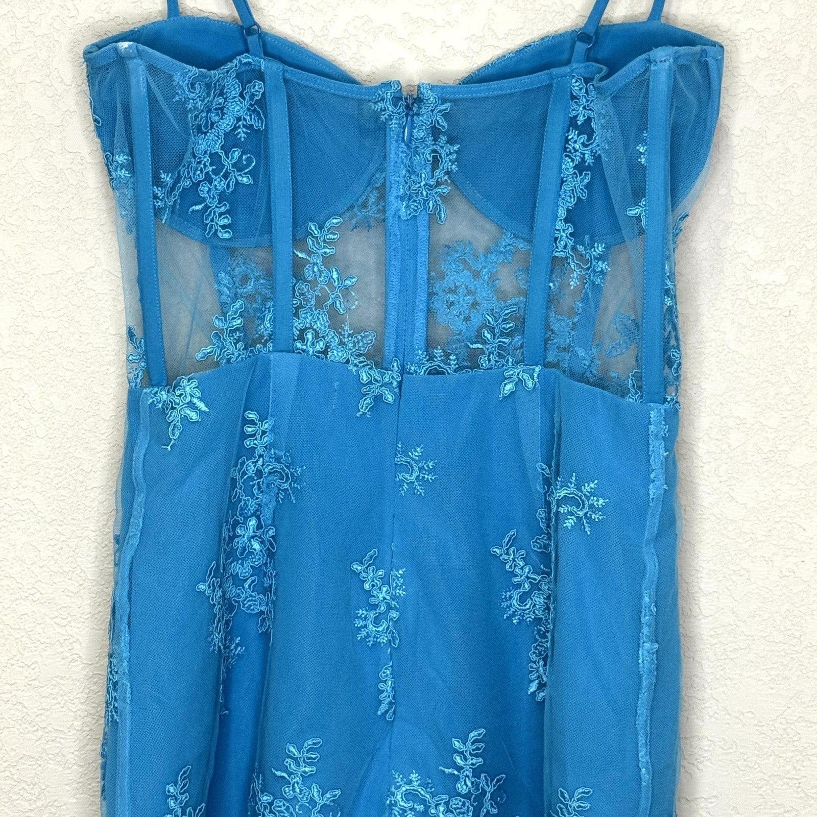 NBD Dress Womens XS Blue Lace Mesh Sheer Floral Embroidered Bustier Midi Strappy