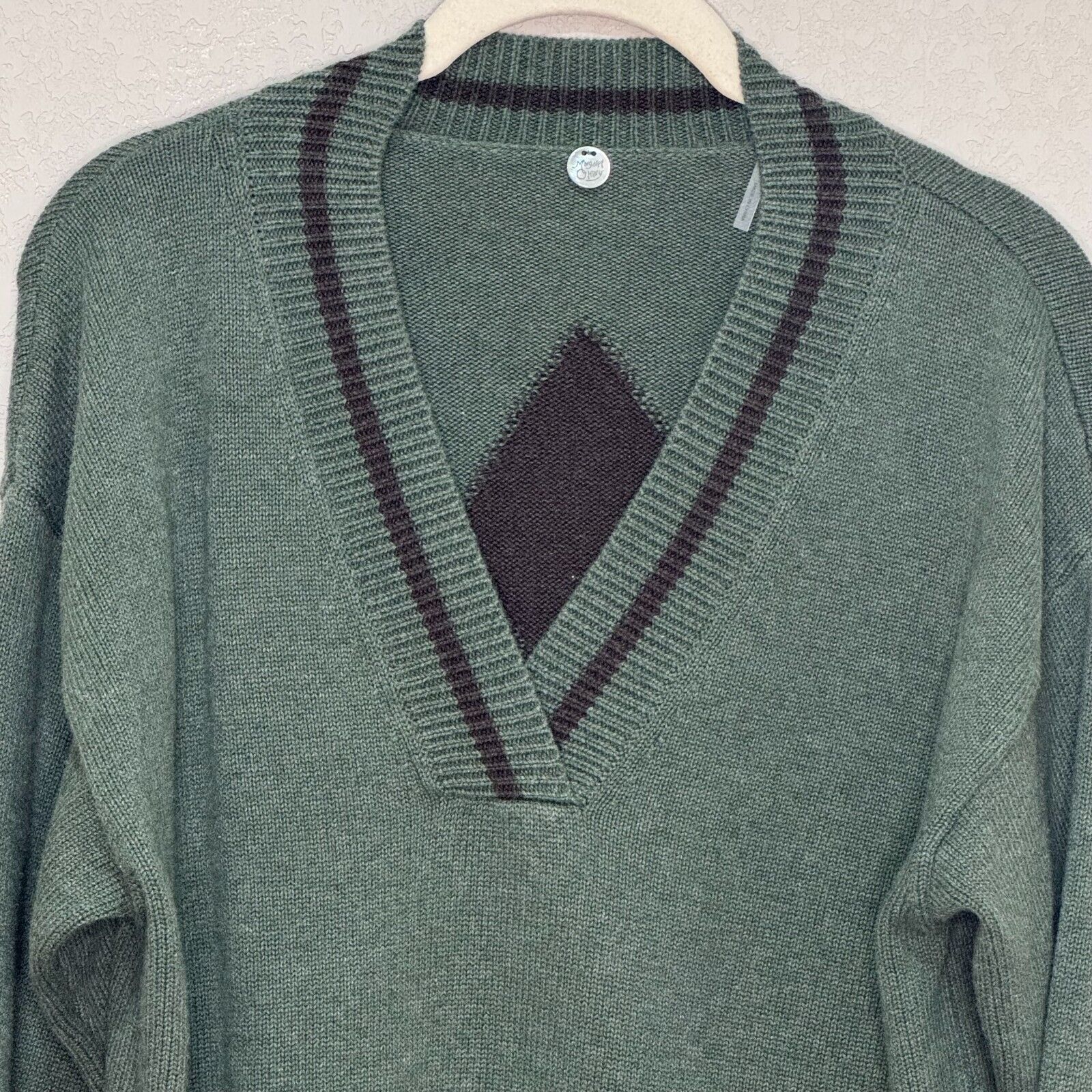 Margaret O'Leary Sweater Womens Size XS Oversized V Neck Argyle Accents Cotton