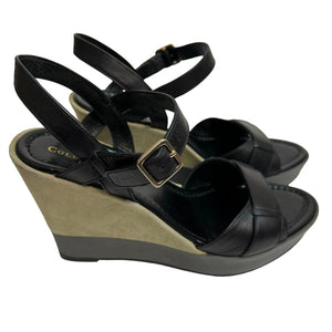 Cole Haan Paley High Wedge Sandal in Black Khaki Suede Size 7