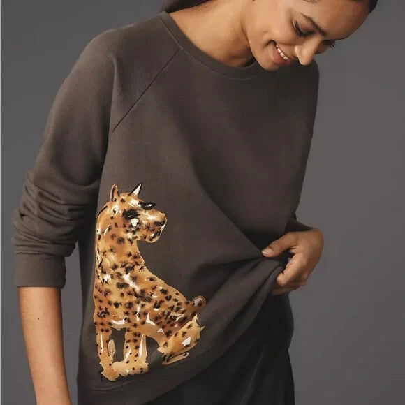 Anthropologie LouLou Avenue Cheetah Sweatshirt Size XS NEW $88 Graphic Gray