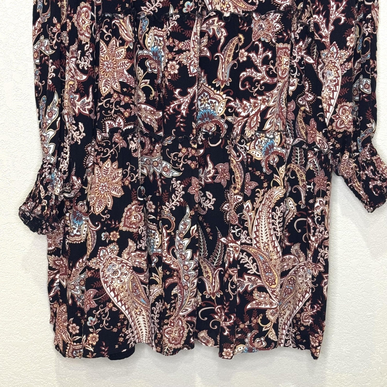 Anthropologie Dress Womens 1X Paisley Floral Long Sleeve Boho Tiered Viscose
