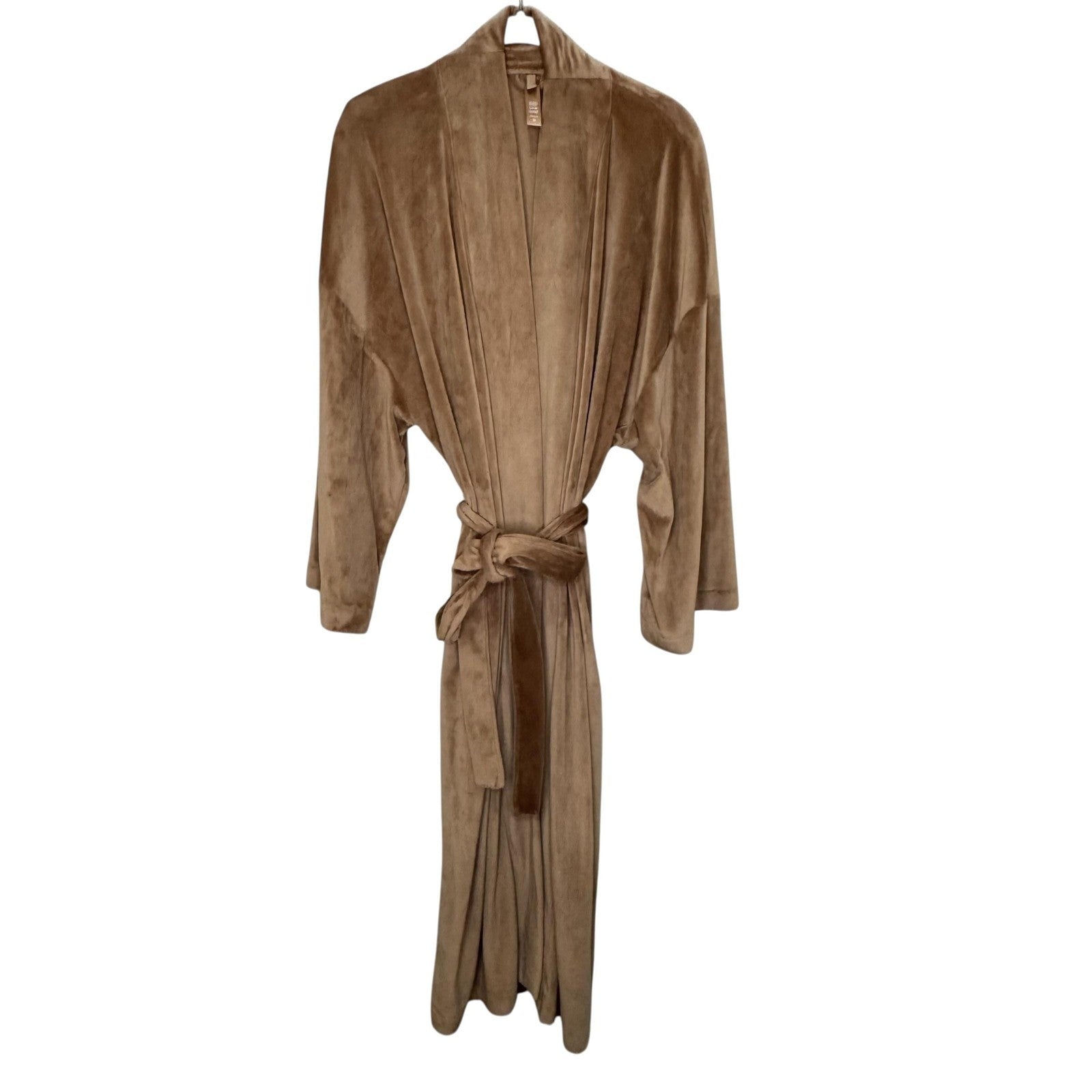 Skims Robe Womens XS Brown Velour Long Wrap Belted Kimono Shawl Collar Lounge