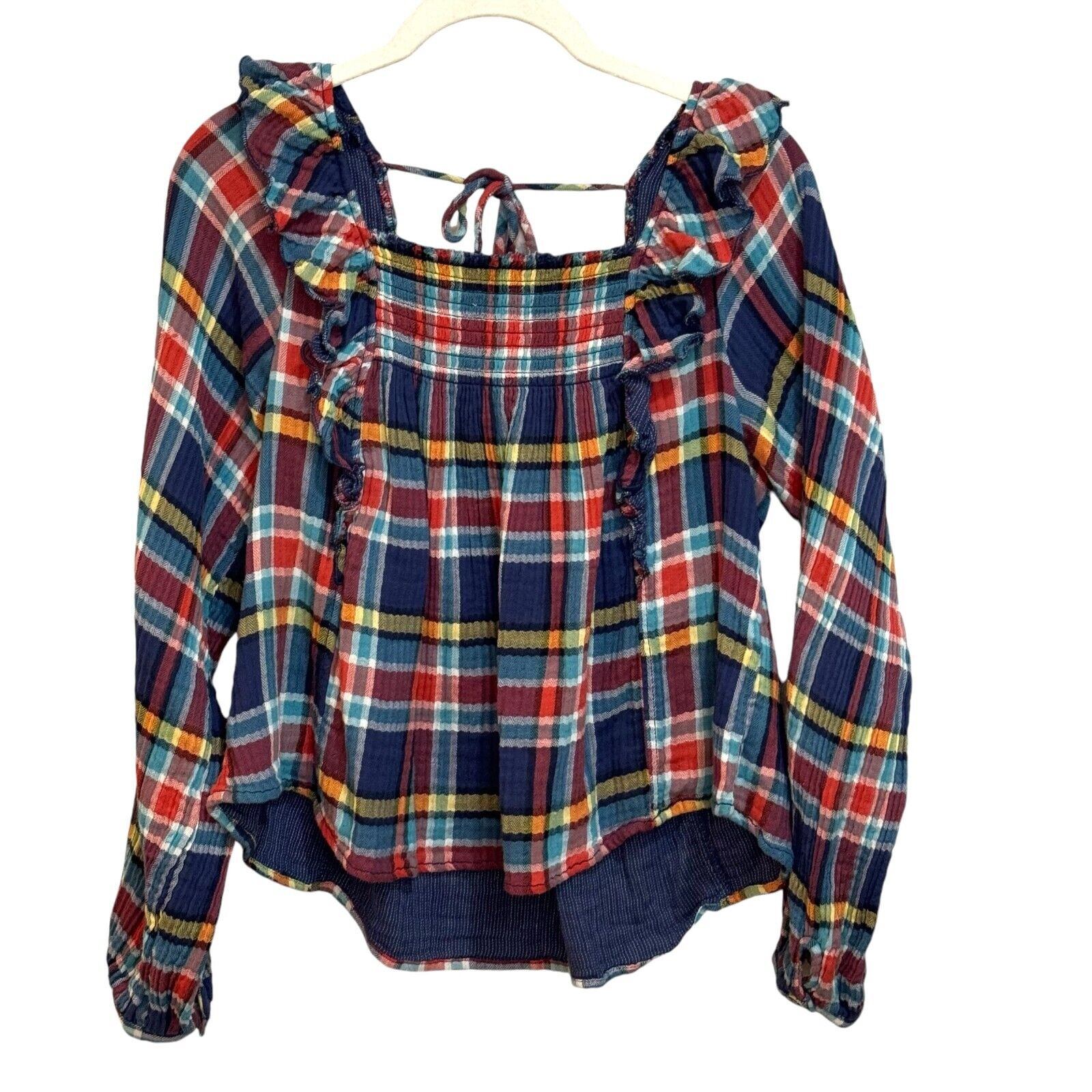 Free People We The Free Sienna Madras Plaid Ruffle Tie Back Pullover Top Size XS