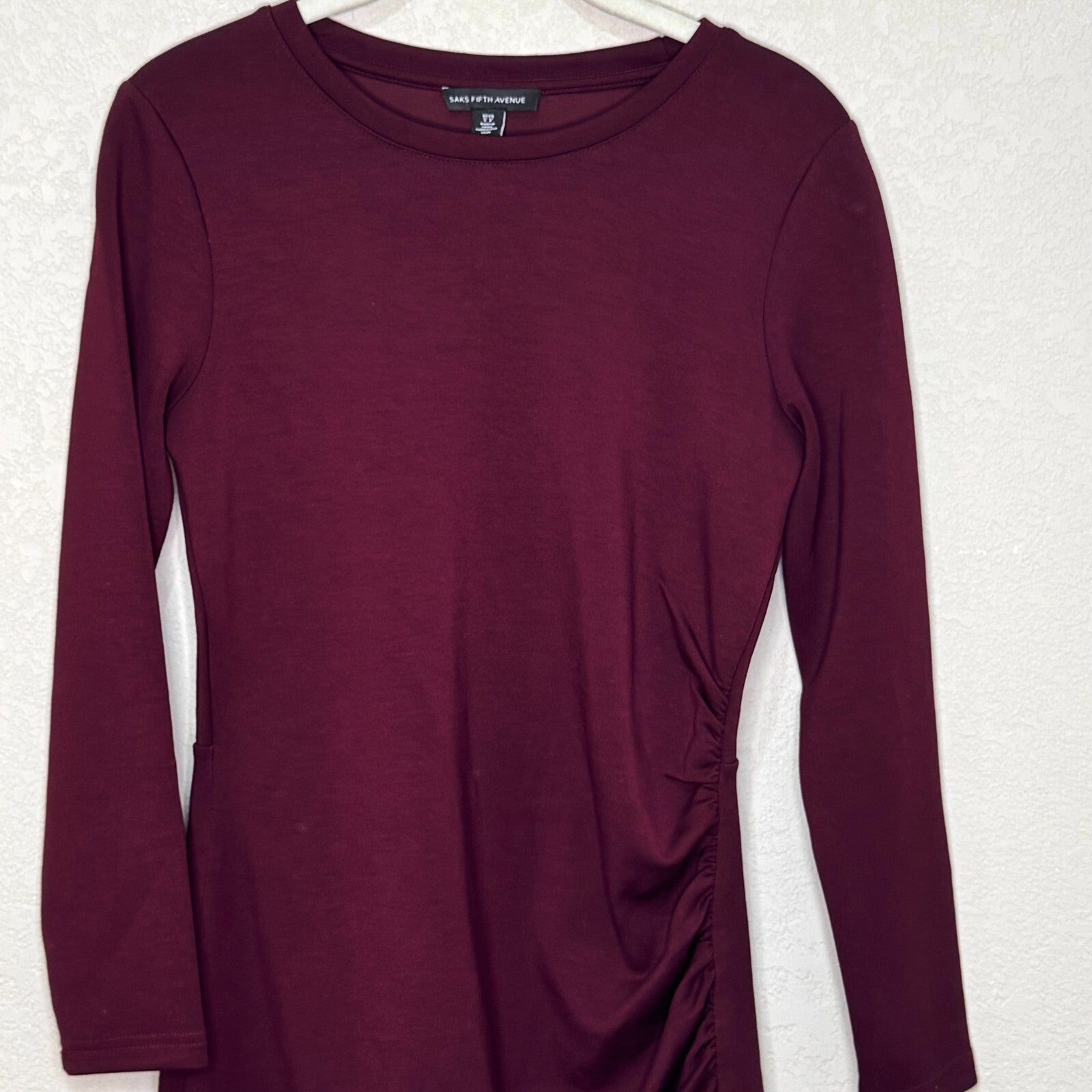 Saks Fifth Avenue Dress Size Small Burgundy Ruched Side Long Sleeve Bodycon Knit