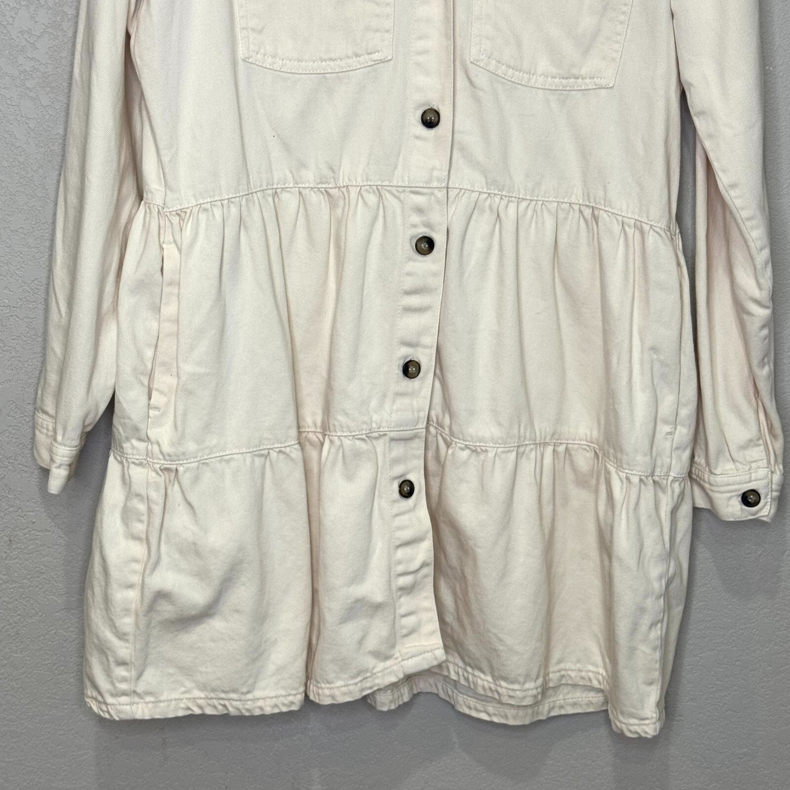 Free People Nicole Denim Dress Size Medium Ivory Mini Tiered Shirtdress Western