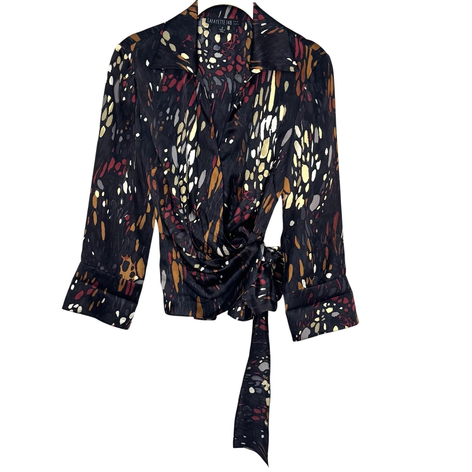 Lafayette 148 New York Blouse Womens 2 Black Abstract Print Silk Wrap Top Shirt