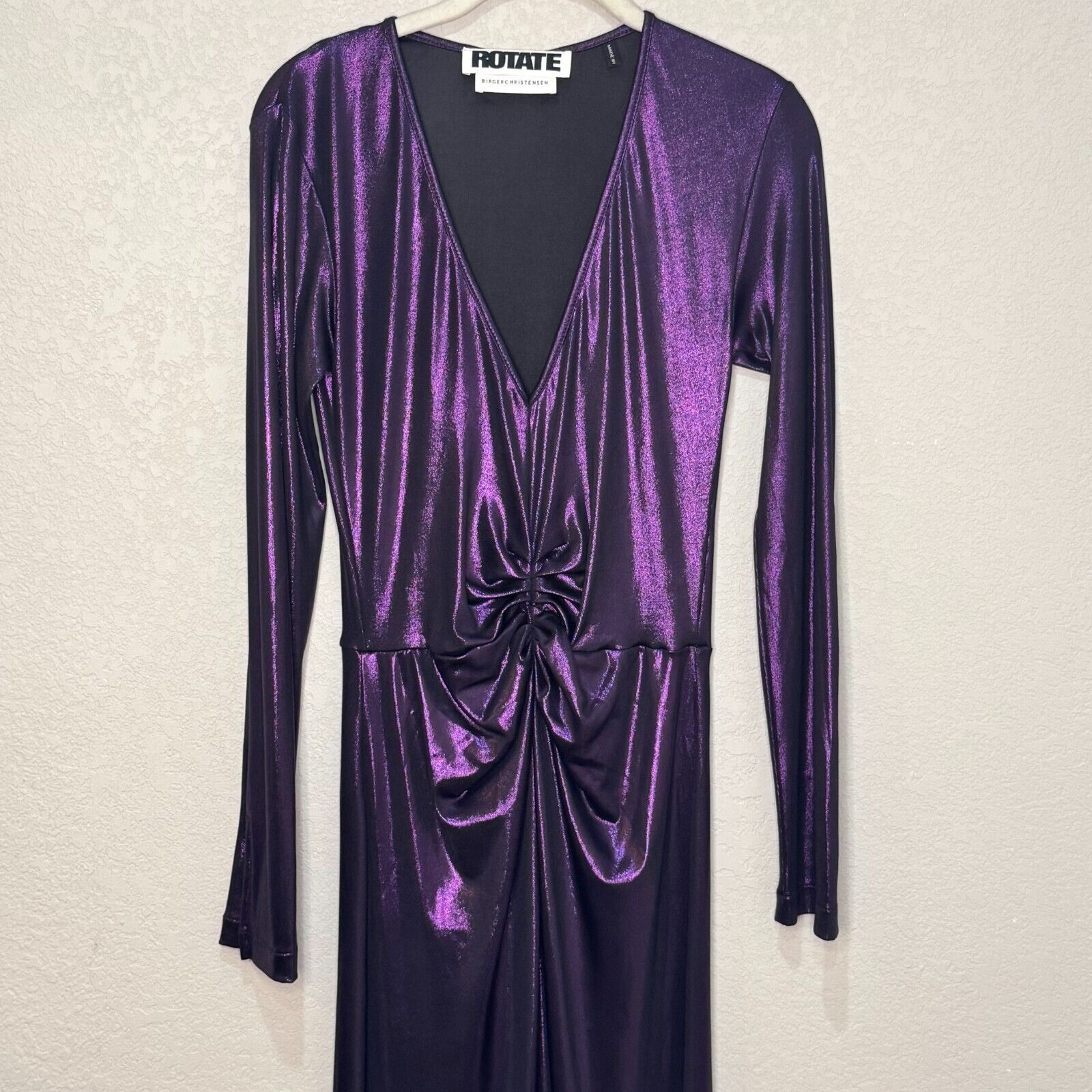 ROTATE Birger Christensen Midi Dress Size Small Number 7 Metallic Purple Ruched