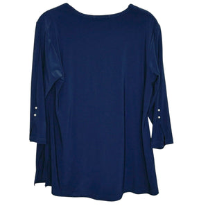 Sympli Navy Blue Split Collar Jersey Top with Pearl Cuff Accent Size 8