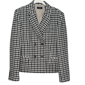 Theory Houndstooth Check Crop Wool Blazer Jacket Size 8 Black Grey Cream Tan