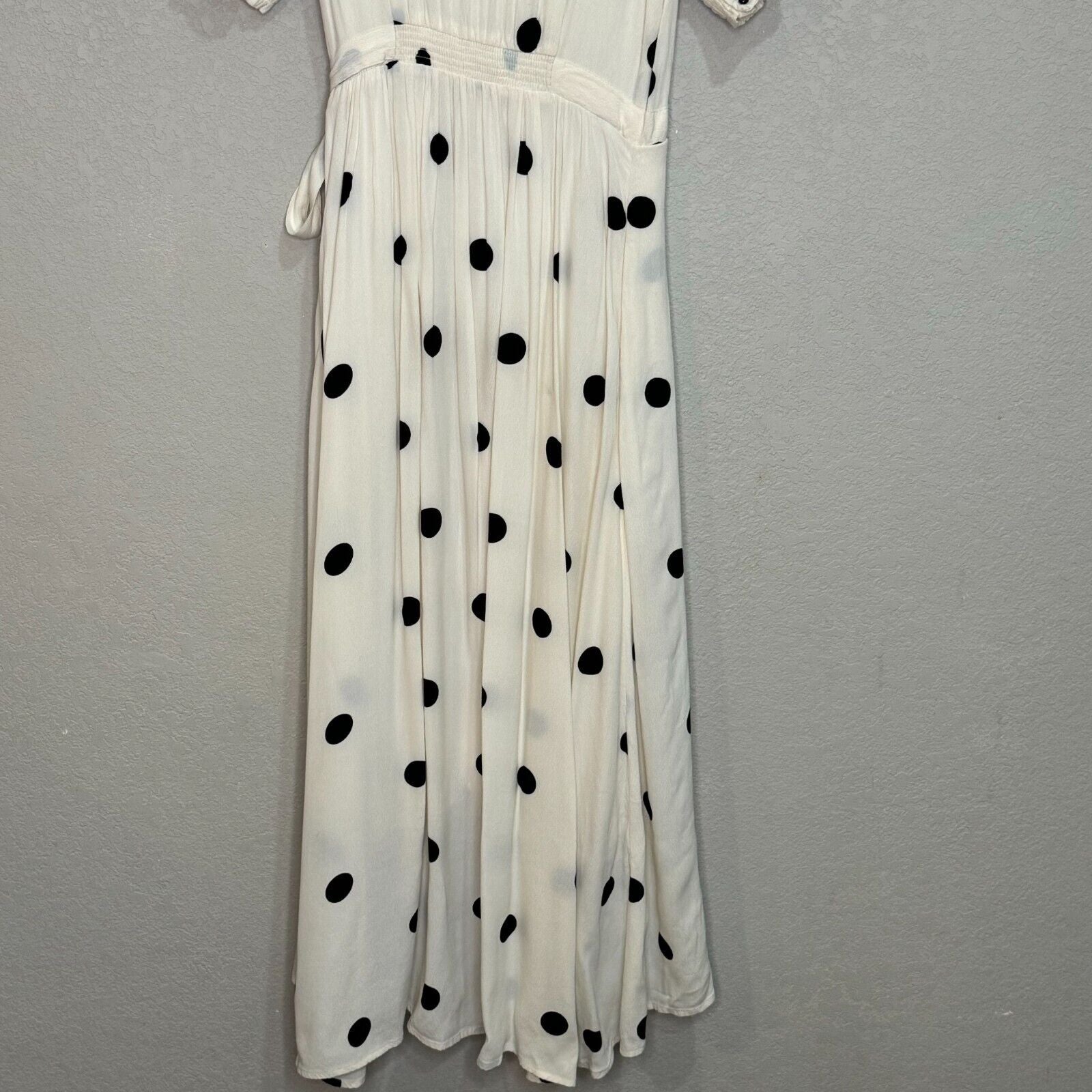 Anthropologie Maeve Black White Breanna Polka Dot Wrap Midi Dress Size 4