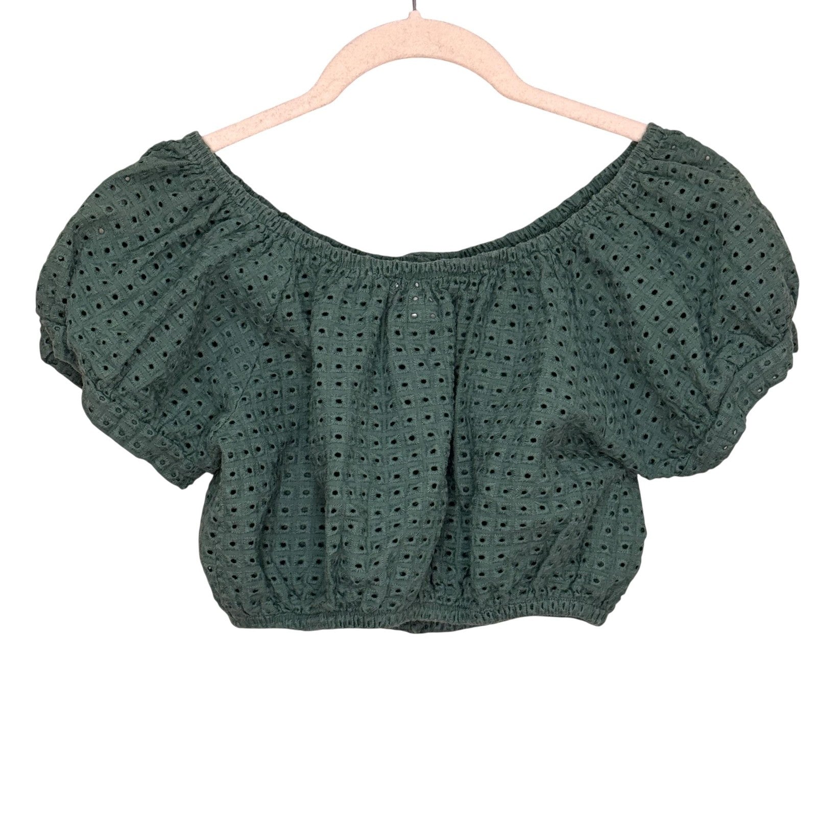 Eberjey Top Womens Small Eyelet Puff Sleeve Cropped Boho Button Blouse