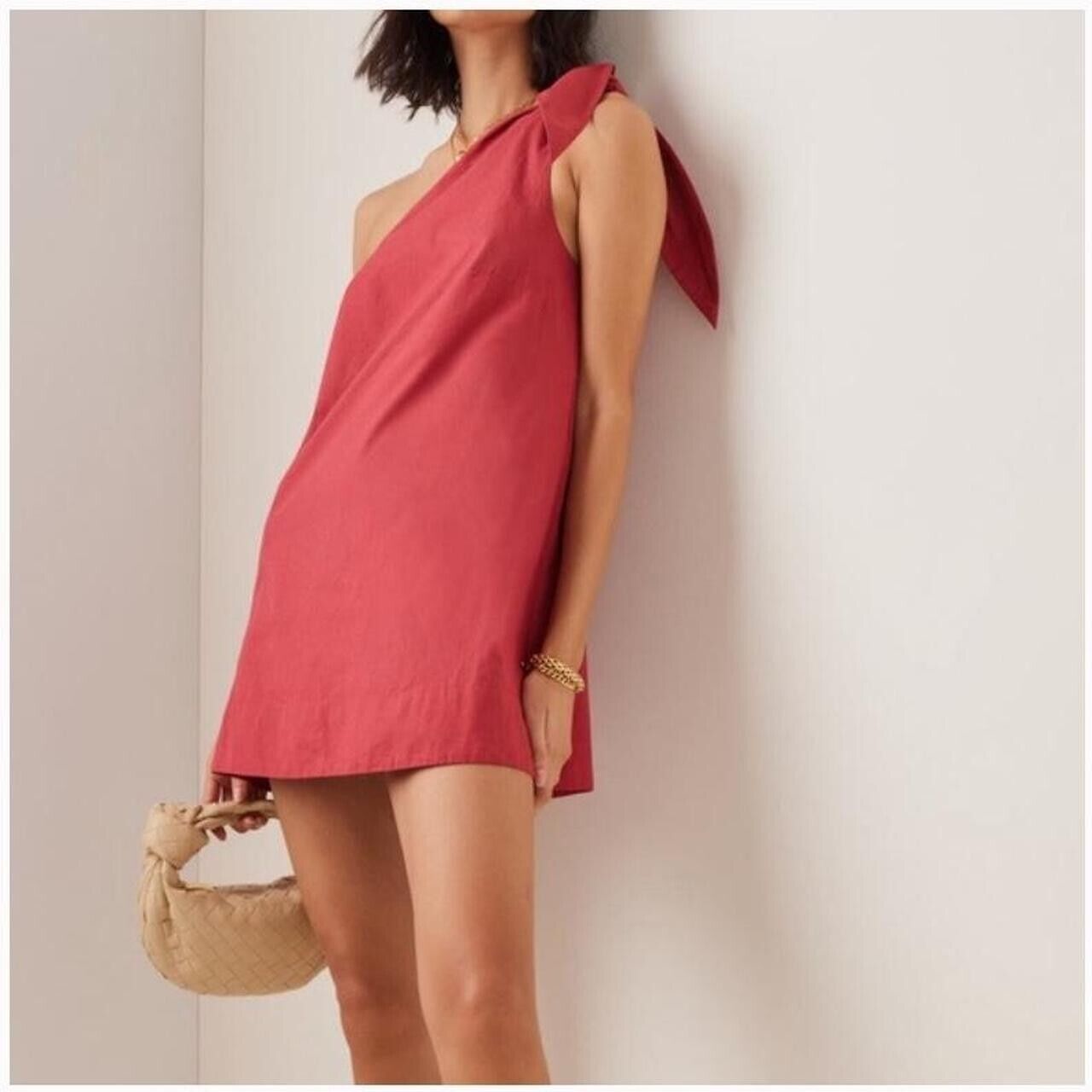 POSSE Aubrey One Shoulder Tie Mini Dress in Jam Red Size Medium