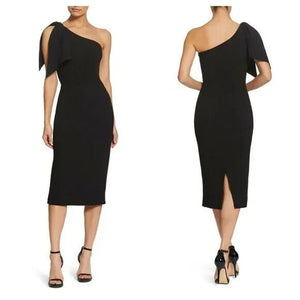 DRESS THE POPULATION Midi Dress Black Size Medium Tiffany One-Shoulder Bow-Tie