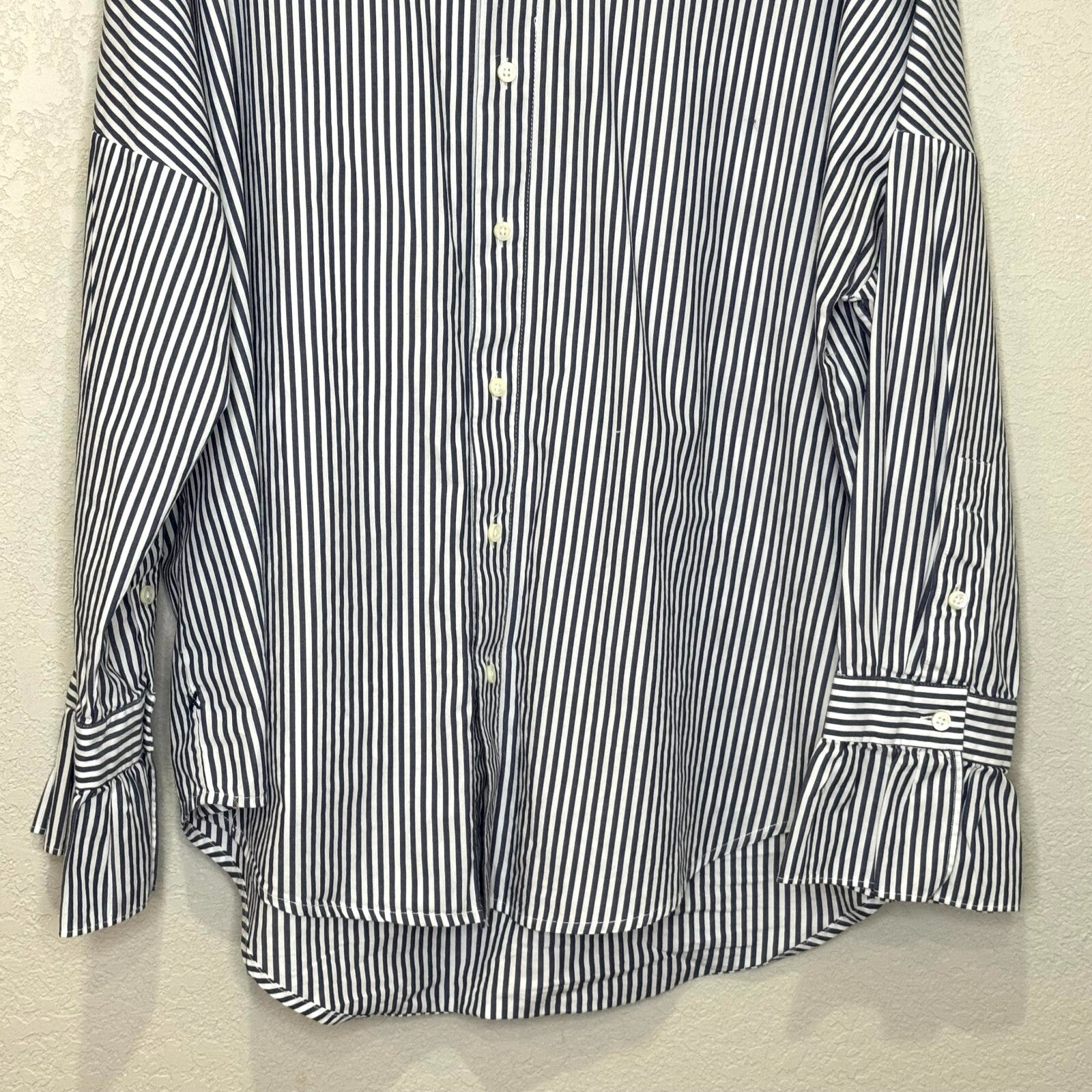 ALEX MILL Easy Ruffle Shirt Navy White Stripe Size Medium Oversized