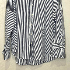 ALEX MILL Easy Ruffle Shirt Navy White Stripe Size Medium Oversized