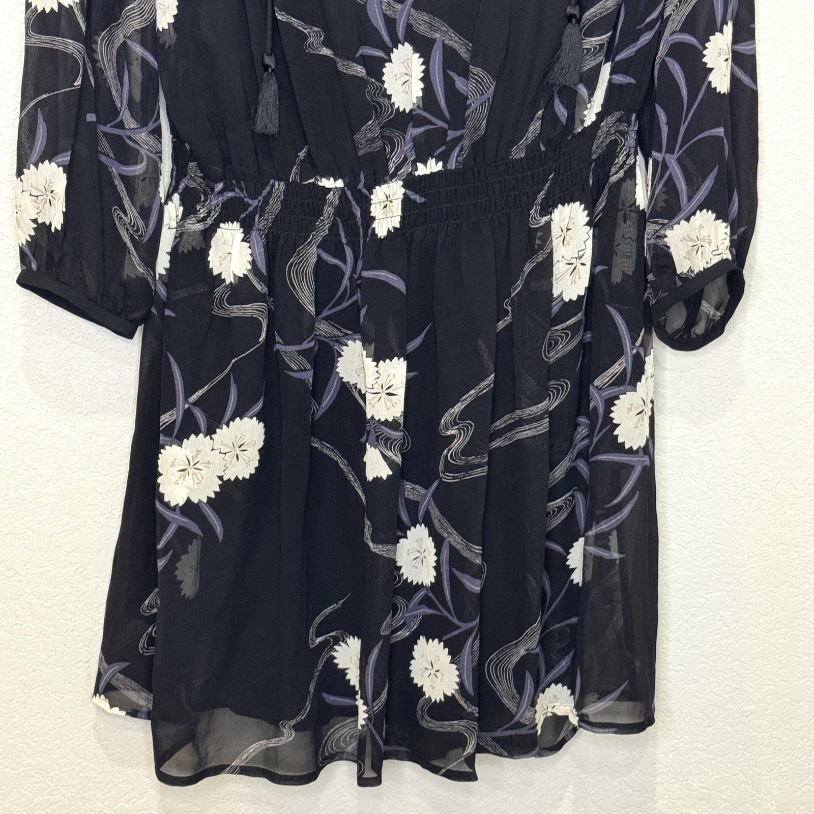 Club Monaco Roanna Dress Womens 4 Black Floral Silk Long Sleeve Mini Boho Chic