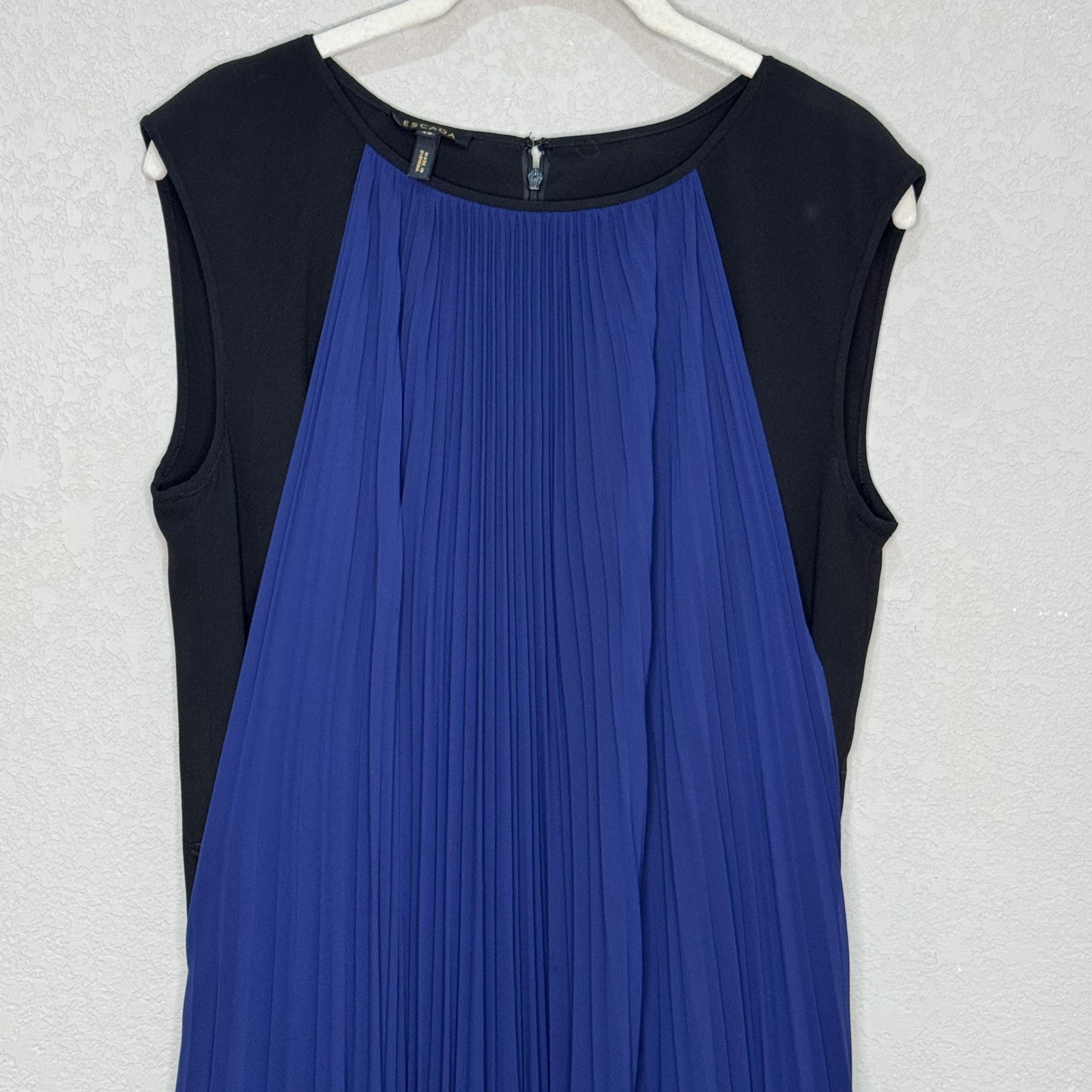 Escada Dress Womens 40 Blue Black Pleated Midi Sleeveless A-Line Elegant Formal