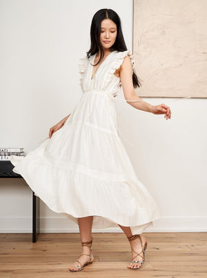 La Ligne White Dress Pointelle Marta V-Neck Ruffle Size Small $450