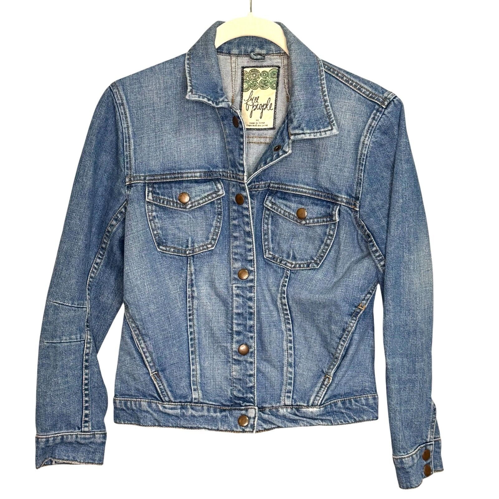 Free People Denim Jean Jacket Size Medium Blue Cropped Long Sleeve