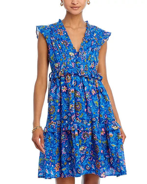 Banjanan NEW Azure Blue Floral Cotton V-Neck Ruffle Mini Chandra Dress Size XS