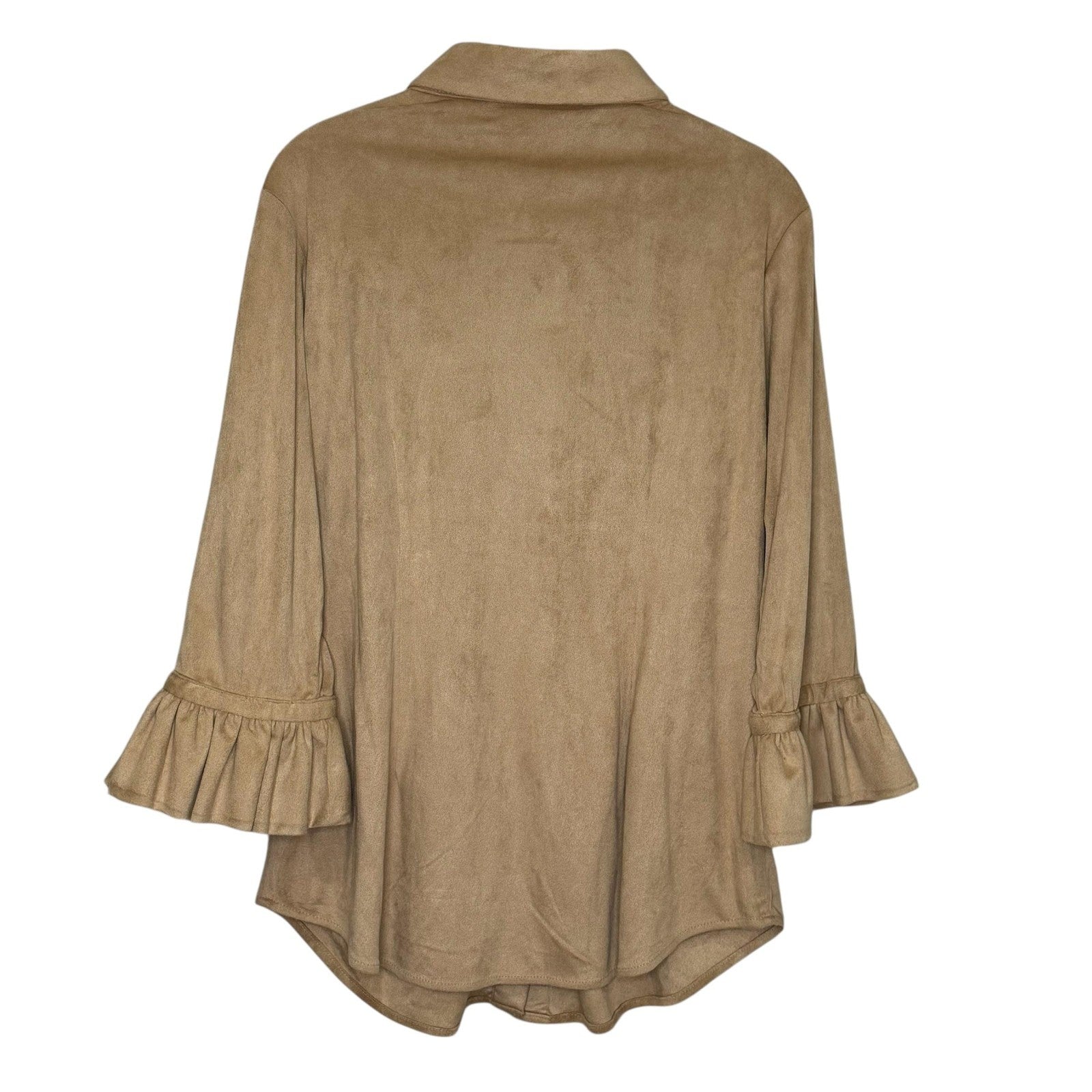 Gretchen Scott Shirt Womens Medium Tan Button Front Ruffle Cuff Tunic Blouse