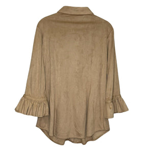 Gretchen Scott Shirt Womens Medium Tan Button Front Ruffle Cuff Tunic Blouse